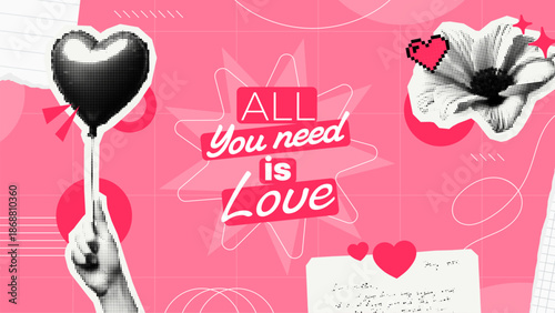 All you need is love abstract pop art vector illustration with heart and hand. Valentines Day greeting card design.
