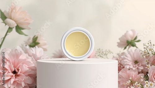 Container With Cream Placed on a Round Table Surrounded by Pink Flowers