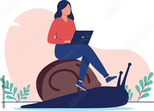 Slow boring work - unfulfilled woman person sitting on snail working on computer moving slowly in career and business with lack of progress and development. Flat design vector stock illustration.