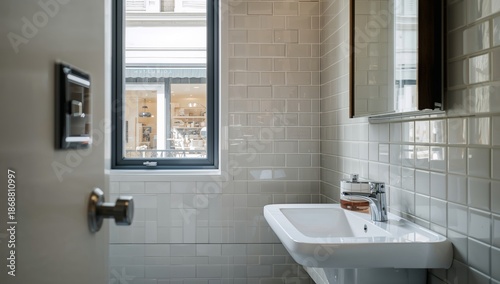 Modern Bathroom With Window and Clean Design Located in an Urban Area During ...