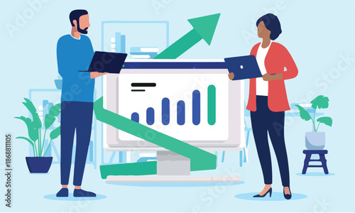 Successful small business - Two people, man and woman looking at rising chart and graph on computer screen, with green arrow pointing up. Successful and financial achievement concept in flat design