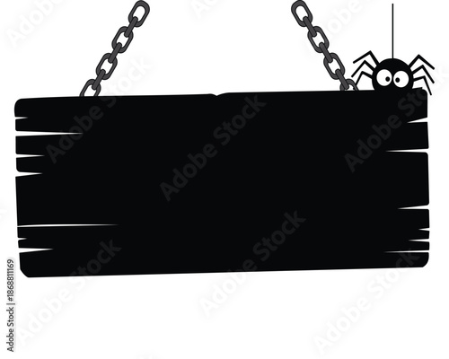 A black wooden sign hanging from a chain with a cute spider peeking out from behind it on vector illustration
