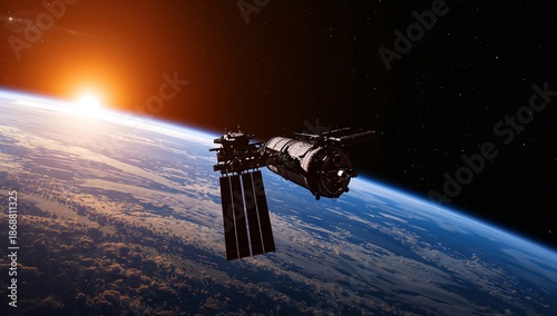 Spaceship Travels Through Space Above Earth During Sunset