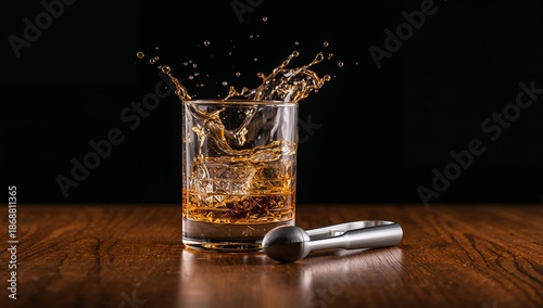 Whiskey Splash in a Glass on Wooden Table With Shiny Bar Tool Nearby