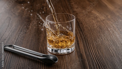 Whiskey Splash in a Glass on Wooden Table With Shiny Bar Tool Nearby
