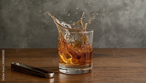 Whiskey Splash in a Glass on Wooden Table With Shiny Bar Tool Nearby