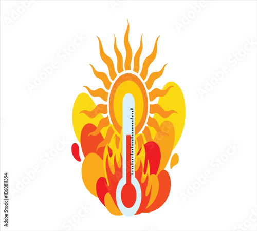 Hot weather illustration with a thermometer showing high temperatures and sun rays