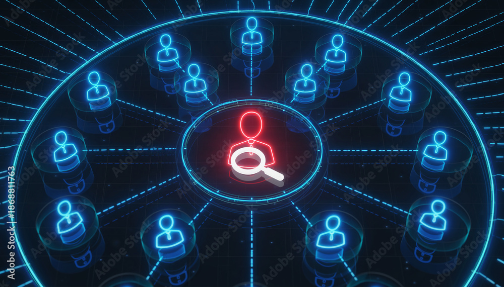 Fototapeta premium A digital depiction of a search for a person within a network of connected individuals. The focal point highlights a search icon, and the overall aesthetic suggests modern technology and connectivity