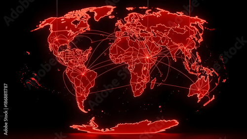 Global Network in Crimson: A digital representation of the world map, illuminated in a striking crimson hue, showcasing interconnected networks across continents.
