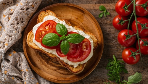 Fresh Sandwich With Tomatoes and Basil Arranged on a Wooden Plate With Cherry...