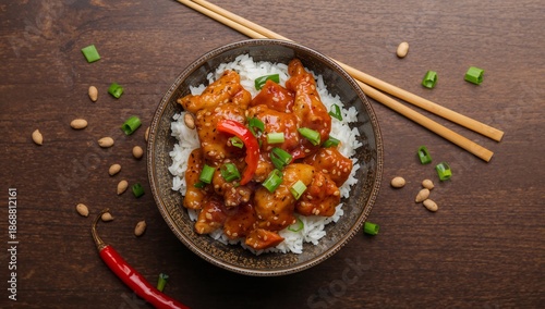 Chicken Dish With Rice and Vegetables Served in Bowl With Chopsticks on Woode...