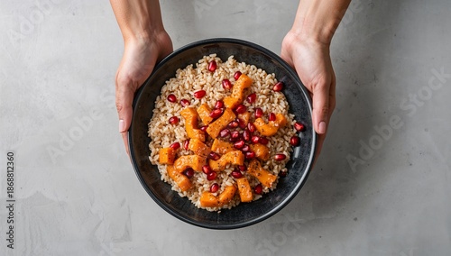 Warm Bowl of Grains With Roasted Squash and Pomegranate Held by Person With T...