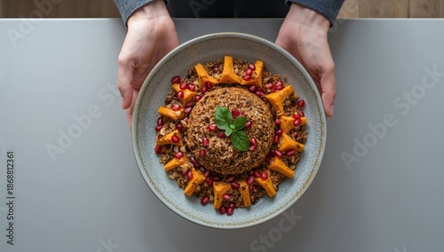 Warm Bowl of Grains With Roasted Squash and Pomegranate Held by Person With T...