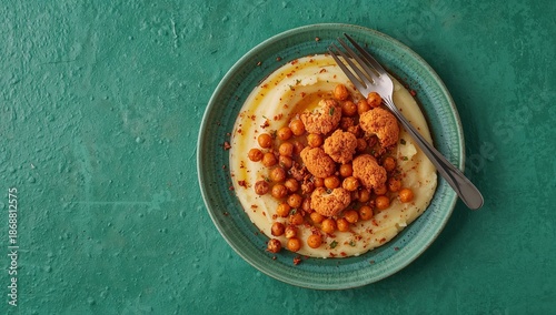 Dish With Roasted Cauliflower and Chickpeas on a Green Plate