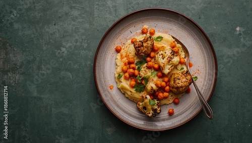 Roasted Cauliflower With Chickpeas Served on Creamy Mashed Potatoes at Dinner...