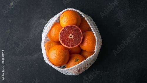 Bright Oranges in a Mesh Bag With a Sliced Grapefruit on Dark Surface
