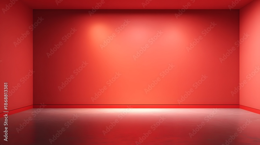 Obraz premium Vibrant Red Empty Room with Dramatic Lighting and Reflections on Floor, Cinematic 3D Rendering
