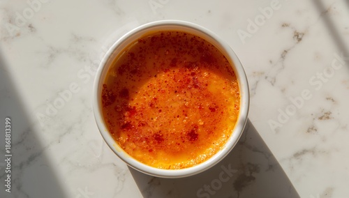 Enjoying Dessert With Creamy Custard in a Bowl on a Marble Surface