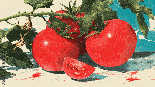 Fresh red tomatoes on a branch with a sliced piece. The scene features vibrant colors and a simple background, emphasizing the natural beauty of the vegetables.