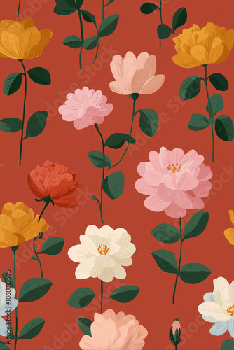 A vibrant floral pattern featuring various flowers in shades of pink, yellow, and white against a warm red background. Leaves accompany the blooms, creating a lively design.