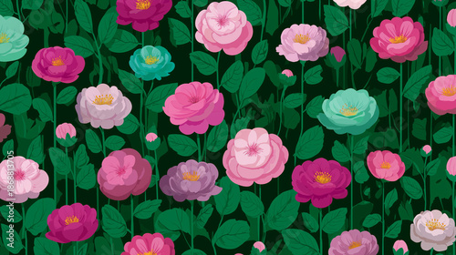 A vibrant pattern of various roses in shades of pink, purple, and blue against a dark green background. The flowers are arranged densely with lush green leaves.