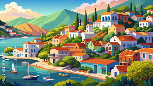 Very beautiful view of Assos village in Kefalonia, Greece, featuring colorful houses, calm turquoise waters, and lush green hills forming a peaceful Mediterranean coastal lifestyle scene.