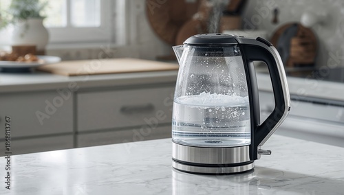 Electric Kettle Heats Water in a Kitchen Setting With Steam Rising and Clear ...
