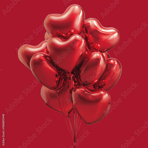 A cluster of shiny red heart-shaped balloons against a solid red background. The balloons are inflated and tied together with strings.