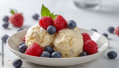 Dessert With Ice Cream Topped With Blueberries and Raspberries on a White Plate