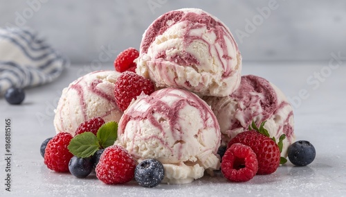 Four Ice Cream Scoops With Raspberry Sauce and Fresh Berries on a Light Backg...