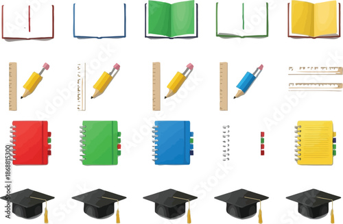 Collection of essential academic study tools and graduation symbols displayed in neat rows including colorful books pencils rulers notebooks and mortarboards ready for educational design projects