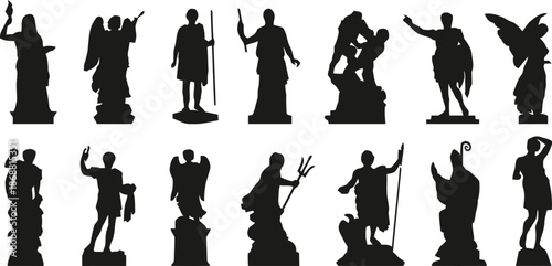 statue, silhouette, isolated, transparent, background, sculpture, antique, roman, greek, character, people, robe, item, figure, black, white, vector, illustration, design, collection, set, various, hi