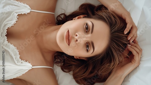Model Lies on White Bed With Relaxed Expression and Long Hair Under Soft Ligh...