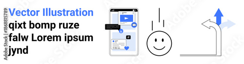 Social media, digital communication, user interface, mobile apps, navigation, emotions. A smartphone displaying messaging icons, emojis and directional symbols. Social media and digital