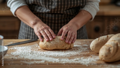Baker Prepares Dough on a Wooden Table in Kitchen With Flour and Bread in Bac...