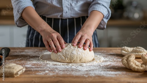 Baker Prepares Dough on a Wooden Table in Kitchen With Flour and Bread in Bac...