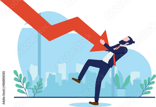 Recession businessman - Investor man falling from red arrow going down in economic collapse and financial crisis. Flat design vector illustration with white background