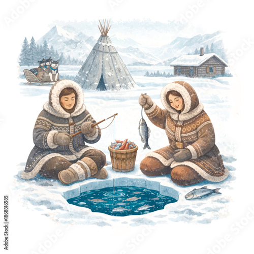 Vector illustration of indigenous North people ice fishing. A couple in traditional fur parkas with a catch, husky dogs, sled, and a chum tent against a snowy mountain winter landscape.