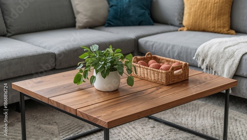 Modern Living Room With a Wooden Table and Plants in a Cozy Space