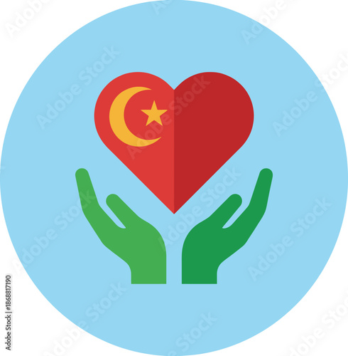 Islamic charity concept with hands holding red heart with crescent moon and star symbol representing zakat sadaqah muslim community care and love during holy month of ramadan religious.