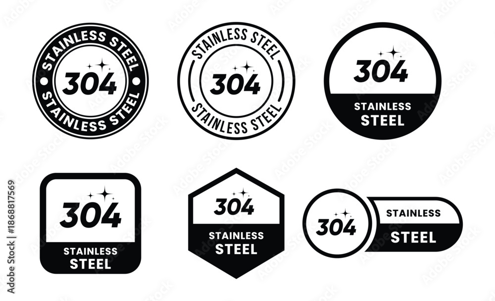 Obraz premium Stainless Steel 304 Icons Set Vector Illustration – Food Grade AISI 304 Material Symbols, Corrosion Resistant Steel Quality Badges for Industrial, Kitchen, and Product Labeling