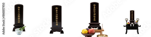 Japanese memorial tablets and Buddhist altar offerings isolated on black background