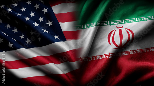 us flag waving next to iranian flag. relations usa iran
