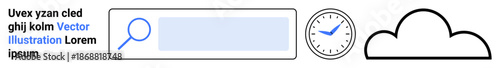 Data organization, time management, cloud computing, internet search, online tools, minimalism. Search bar with magnifying glass, clock and cloud icon. Data organization and time management concept