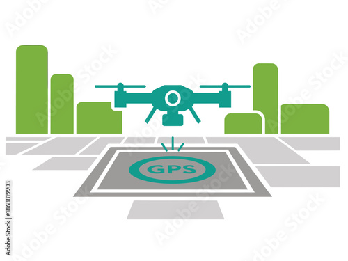 A drone precisely lands on a GPS-marked landing pad, highlighting accuracy and technology. Modern, clean design.