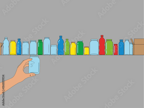 A hand sorts colorful glass jars on a shelf, showcasing a recycling process. Clean, bright, and visually appealing for commercial use.