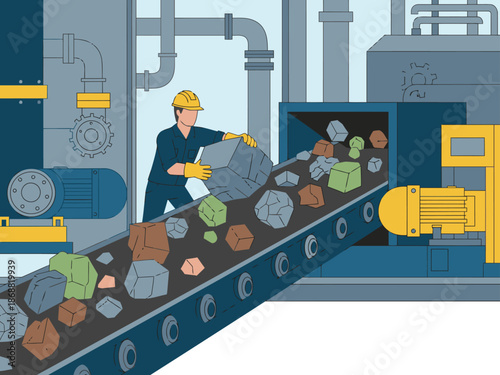 A maintenance worker repairs a conveyor belt in a factory. The scene showcases industrial machinery and a worker in protective gear. Clear, detailed illustration.