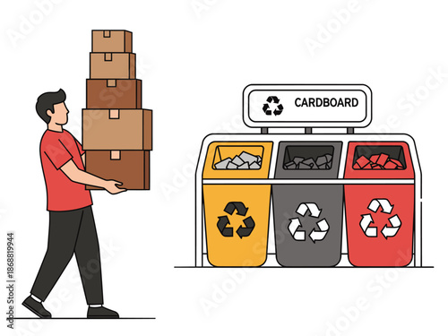 A man carries cardboard boxes to a recycling center with separate bins. Clean, modern illustration promoting sustainability. Bright colors and clear composition.
