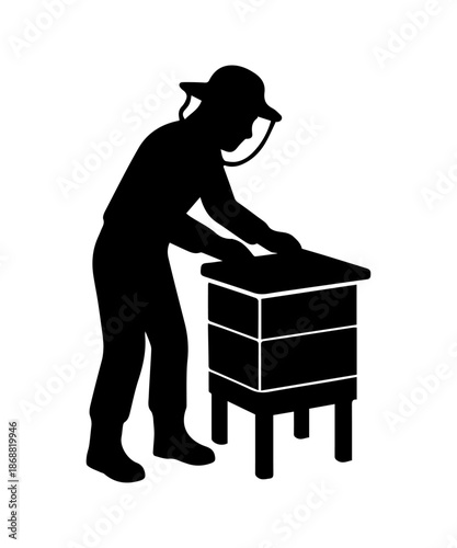 Beekeeper silhouette working with beehive on white background