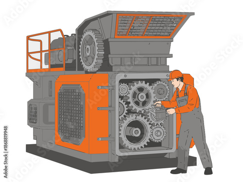 A maintenance worker inspects a large shredder machine. Detailed illustration showcases mechanical components and a focused technician. Industrial setting.